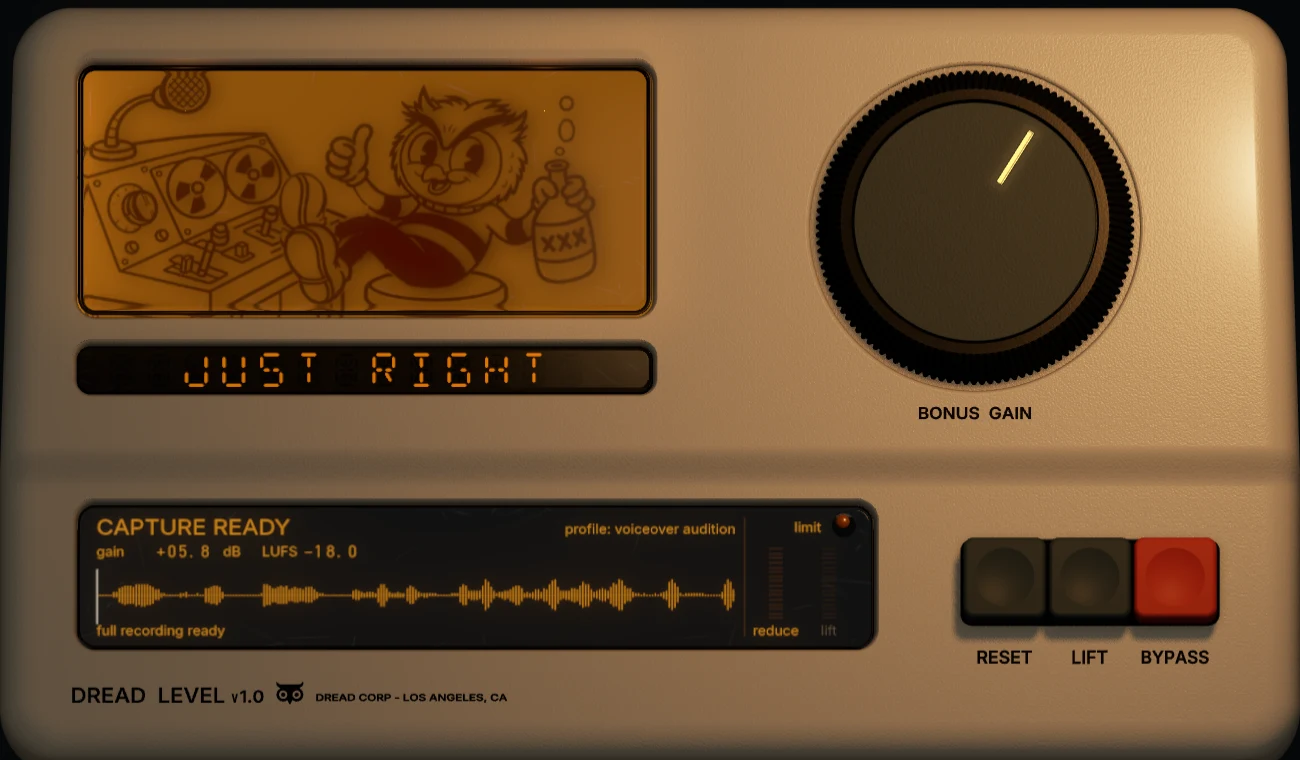 The dread level plugin: a cream console with an owl screen reading Just right, a ribbed level knob and Reset, Lift and Bypass keys.