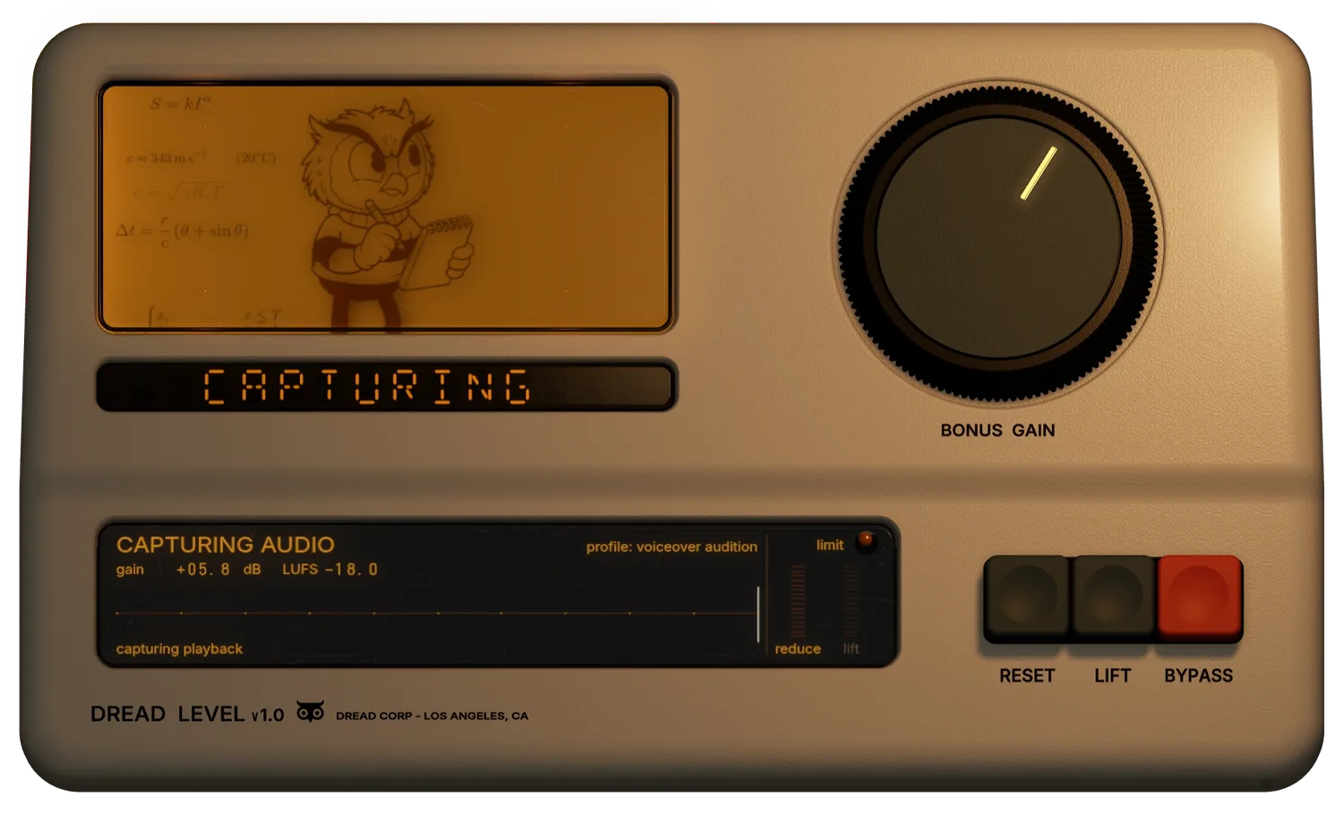 The plugin capturing a take: the owl does the math while the waveform is written in.
