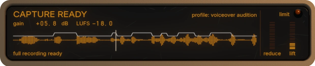 The lower screen with Lift on: the white gain line steps up between quiet phrases.