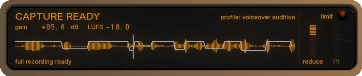 The plugin’s lower screen: the white gain line steps down between phrases.